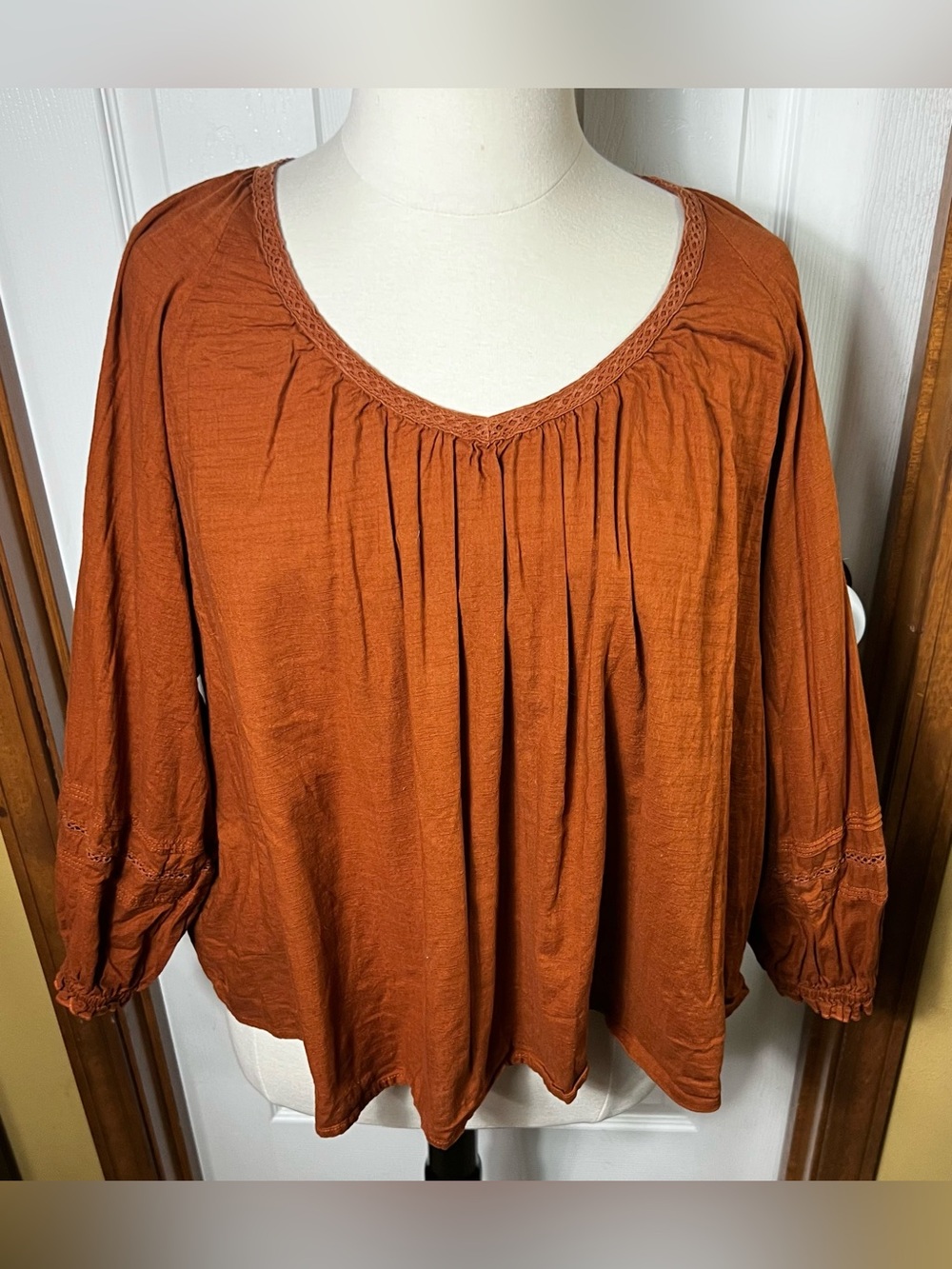 Boho Blouse Top 3/4 Sleeve Cotton Rust Brown Lagenlook Bohemian Plus Size 3X